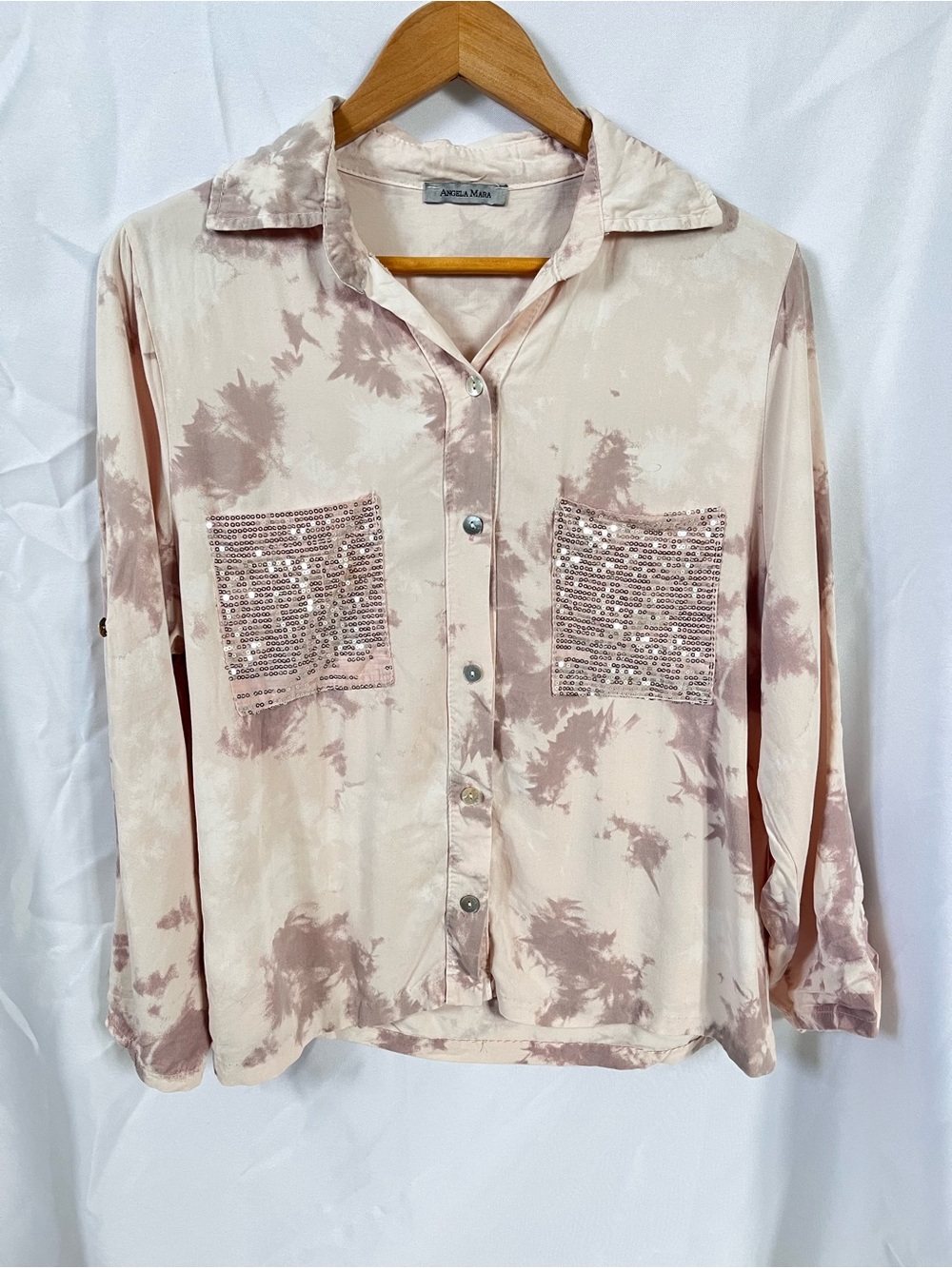 Angela Mara Pink Tie-Dye Sequin Pocket Button-Down Shirt